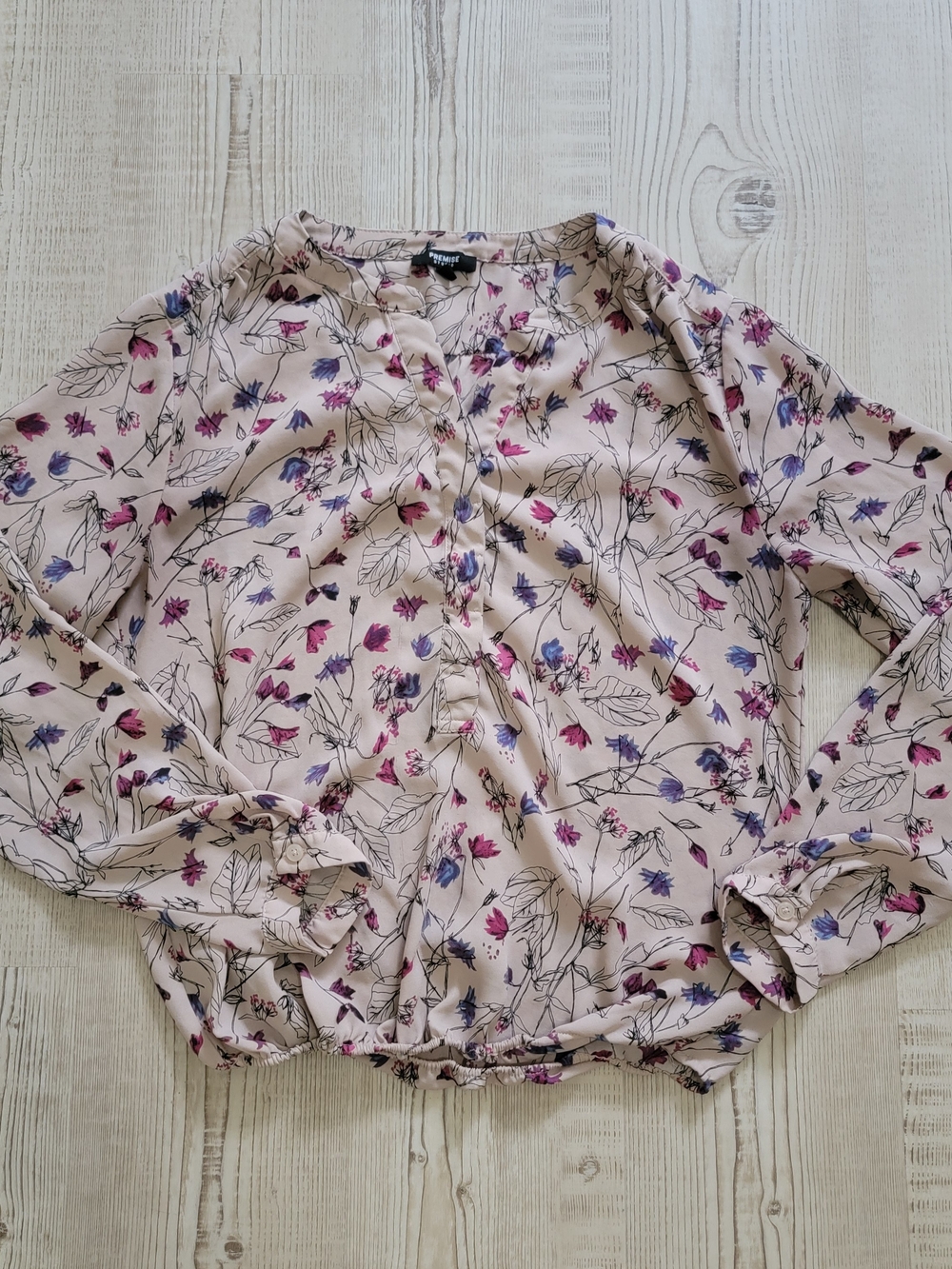 Premise Blush Floral Long Sleeve Button-Front Blouse Large Feminine Peasant